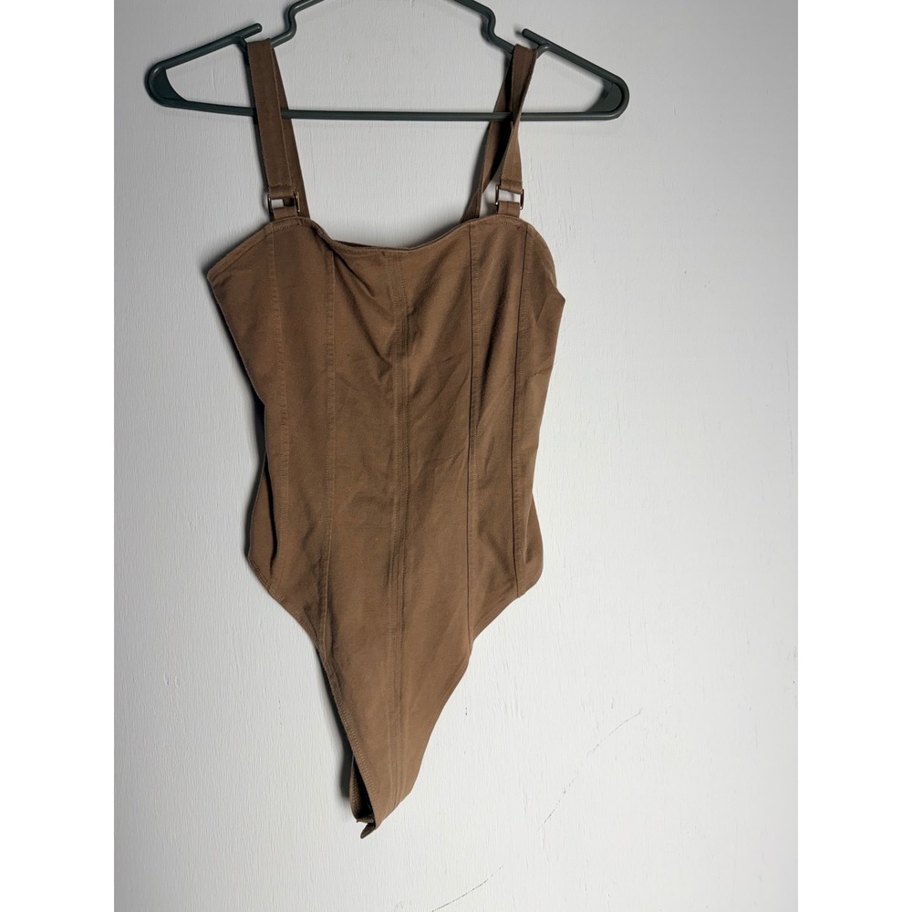 H&M Brown Corset Bodysuit Sleeveless Paneled Thong Snap Closure Bodice Top